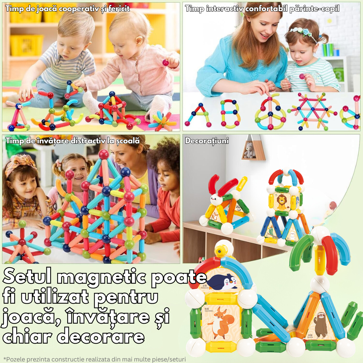 Set de Constructie Magnetic pentru Copii, 45 Piese STEM Educationale si Distractive, Dezvoltare Creativitate si Imaginatie, Conexiuni Magnetice Puternice, Numeroase Posibilitati de Construit, Jucarii Interactive Magnetic Tiles pentru Baieti si Fete 3+ani