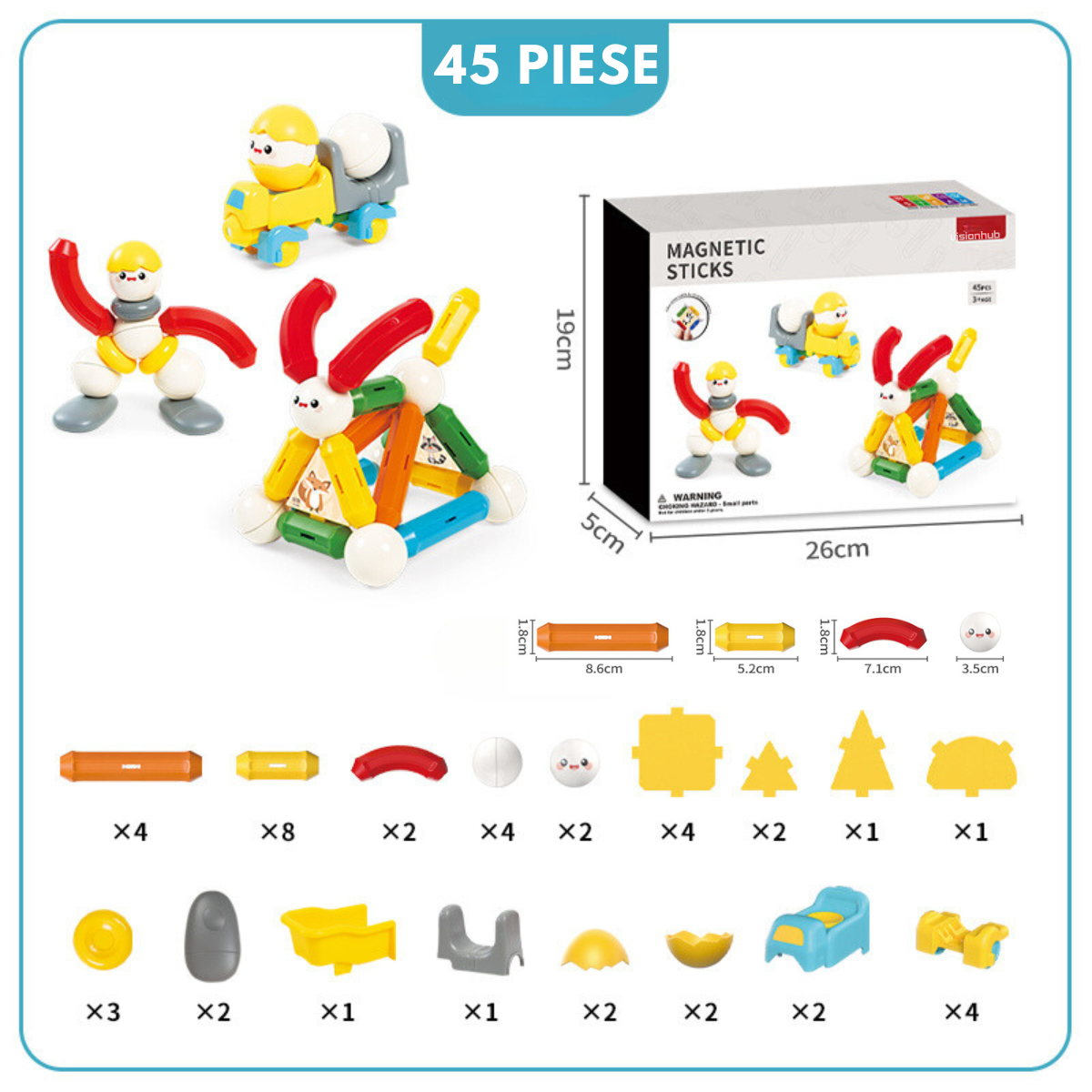 Set de Constructie Magnetic pentru Copii, 45 Piese STEM Educationale si Distractive, Dezvoltare Creativitate si Imaginatie, Conexiuni Magnetice Puternice, Numeroase Posibilitati de Construit, Jucarii Interactive Magnetic Tiles pentru Baieti si Fete 3+ani