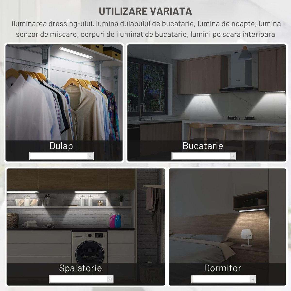 Lampa LED inteligenta cu senzor de miscare, VisionHub®, Corp de iluminat reincarcabil prin USB, fara fir, portabila, baterie incorporata, cu suport magnetic, pentru dressing, dulap de bucatarie, baie, hol, scari, lungime 80 cm, argintiu/lumina calda 3500K