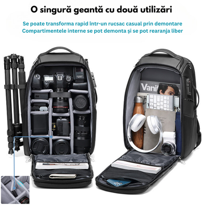 Rucsac Foto - Multifunctional, Geanta pentru Camere Profesionale DSLR - Mirrorless, Camera Sport, Drona, Suport Trepied, obiective si accesorii, cu cifru anti-furt, Spatiu pentru Laptop, Ghiozdan Impermeabil, Buzunare multiple, Capacitate mare, 48x31x22CM