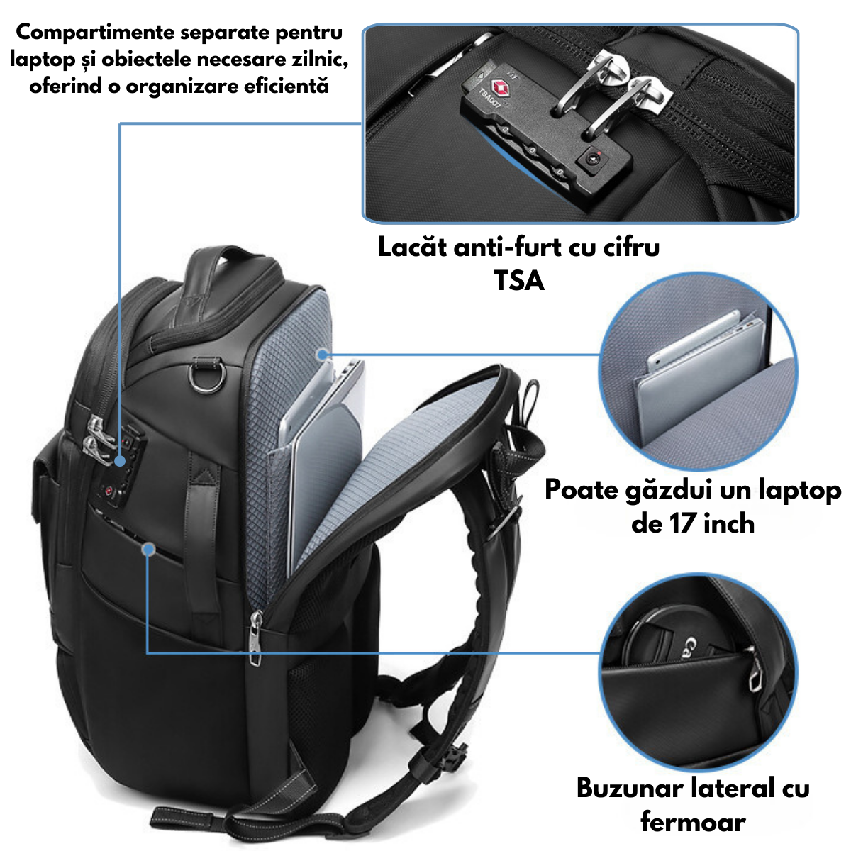 Rucsac Foto - Multifunctional, Geanta pentru Camere Profesionale DSLR - Mirrorless, Camera Sport, Drona, Suport Trepied, obiective si accesorii, cu cifru anti-furt, Spatiu pentru Laptop, Ghiozdan Impermeabil, Buzunare multiple, Capacitate mare, 48x31x22CM