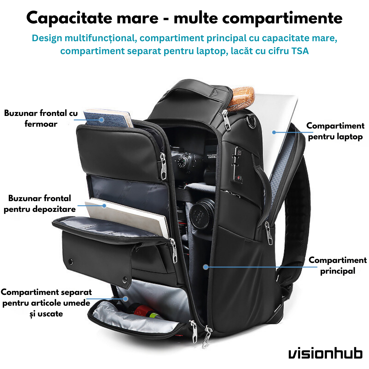 Rucsac Foto - Multifunctional, Geanta pentru Camere Profesionale DSLR - Mirrorless, Camera Sport, Drona, Suport Trepied, obiective si accesorii, cu cifru anti-furt, Spatiu pentru Laptop, Ghiozdan Impermeabil, Buzunare multiple, Capacitate mare, 48x31x22CM