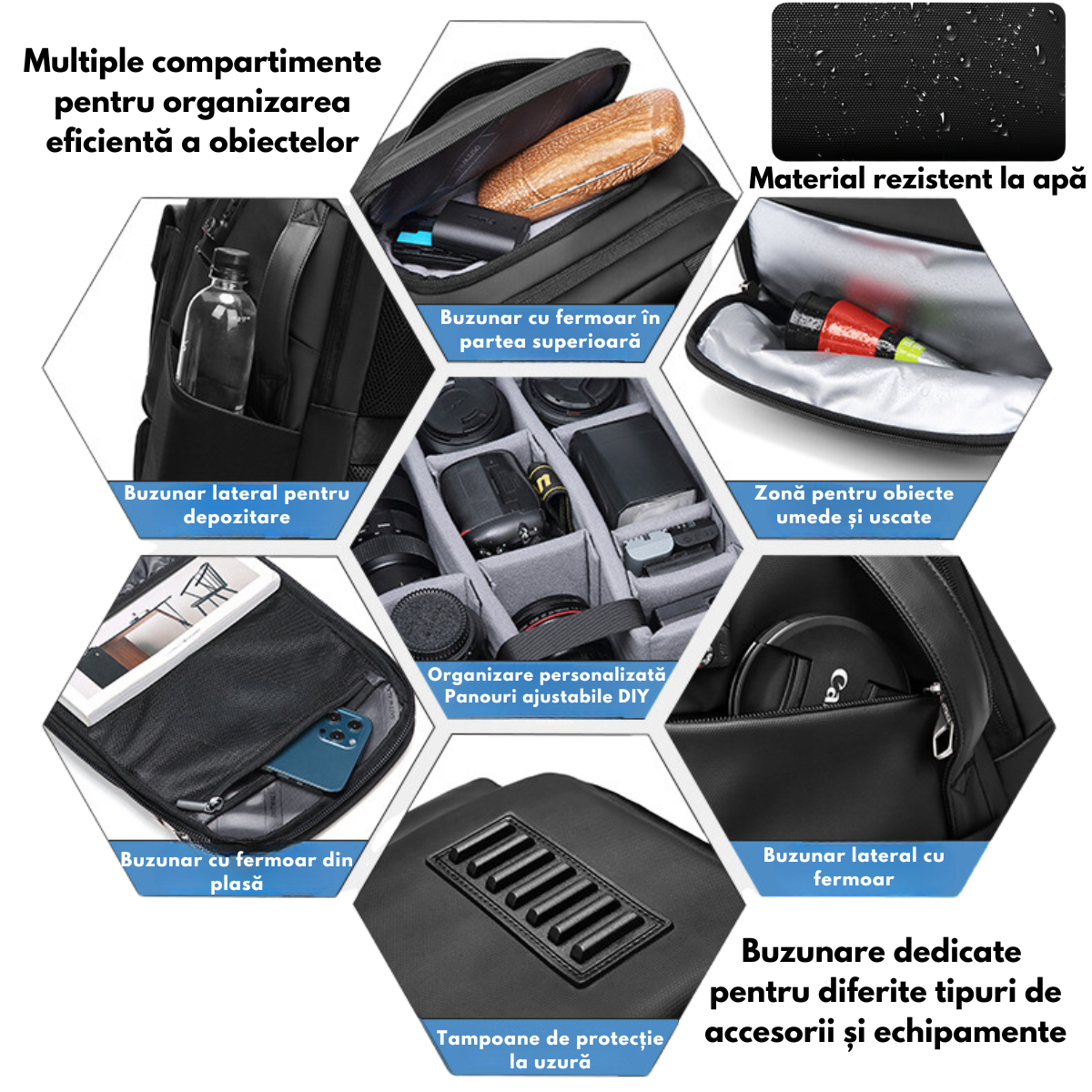 Rucsac Foto - Multifunctional, Geanta pentru Camere Profesionale DSLR - Mirrorless, Camera Sport, Drona, Suport Trepied, obiective si accesorii, cu cifru anti-furt, Spatiu pentru Laptop, Ghiozdan Impermeabil, Buzunare multiple, Capacitate mare, 48x31x22CM