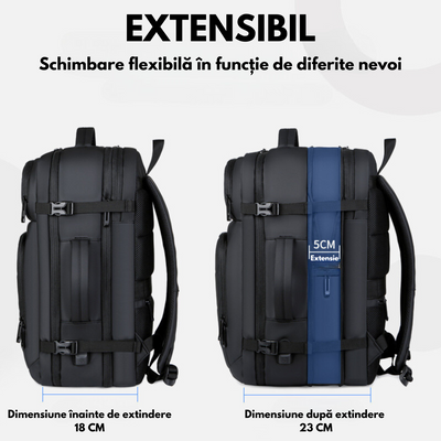 Rucsac pentru Calatorie cu spatiu Laptop 17 inch, Expandabil, Impermeabil, Ideal pentru Zboruri - Compatibil Cabina Avion, Ghiozdan Multifunctional VisionHub®, cu port de incarcare USB, Buzunare multiple, Capacitate mare, 47x19x31 CM