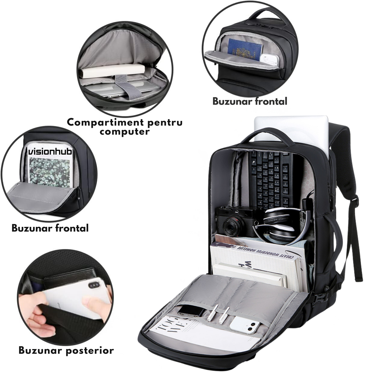 Rucsac pentru Calatorie cu spatiu Laptop 17 inch, Expandabil, Impermeabil, Ideal pentru Zboruri - Compatibil Cabina Avion, Ghiozdan Multifunctional VisionHub®, cu port de incarcare USB, Buzunare multiple, Capacitate mare, 47x19x31 CM