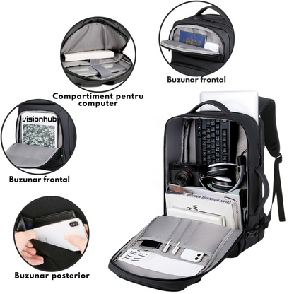 Rucsac pentru Calatorie cu spatiu Laptop 17 inch, Expandabil, Impermeabil, Ideal pentru Zboruri - Compatibil Cabina Avion, Ghiozdan Multifunctional VisionHub®, cu port de incarcare USB, Buzunare multiple, Capacitate mare, 47x19x31 CM