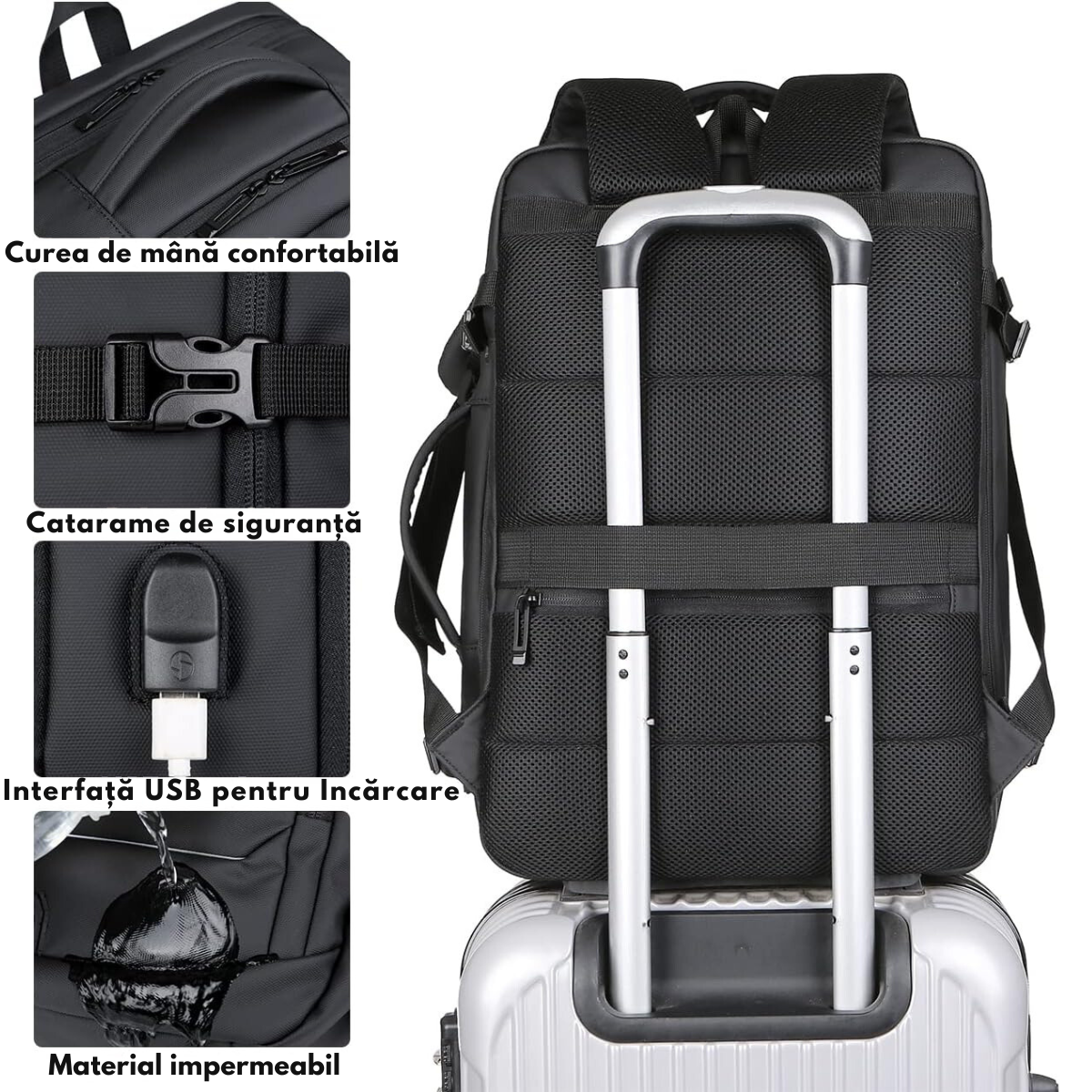 Rucsac pentru Calatorie cu spatiu Laptop 17 inch, Expandabil, Impermeabil, Ideal pentru Zboruri - Compatibil Cabina Avion, Ghiozdan Multifunctional VisionHub®, cu port de incarcare USB, Buzunare multiple, Capacitate mare, 47x19x31 CM