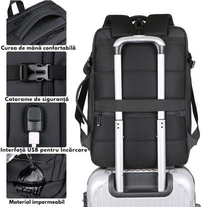 Rucsac pentru Calatorie cu spatiu Laptop 17 inch, Expandabil, Impermeabil, Ideal pentru Zboruri - Compatibil Cabina Avion, Ghiozdan Multifunctional VisionHub®, cu port de incarcare USB, Buzunare multiple, Capacitate mare, 47x19x31 CM