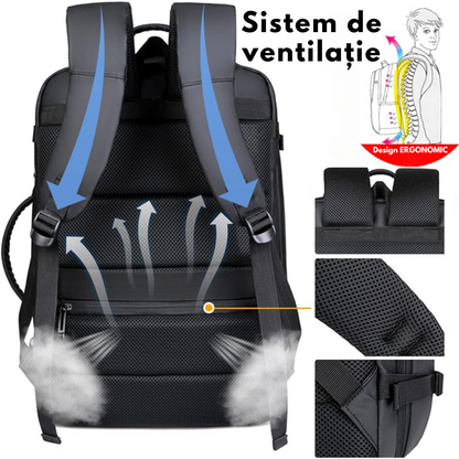 Rucsac pentru Calatorie cu spatiu Laptop 17 inch, Expandabil, Impermeabil, Ideal pentru Zboruri - Compatibil Cabina Avion, Ghiozdan Multifunctional VisionHub®, cu port de incarcare USB, Buzunare multiple, Capacitate mare, 47x19x31 CM