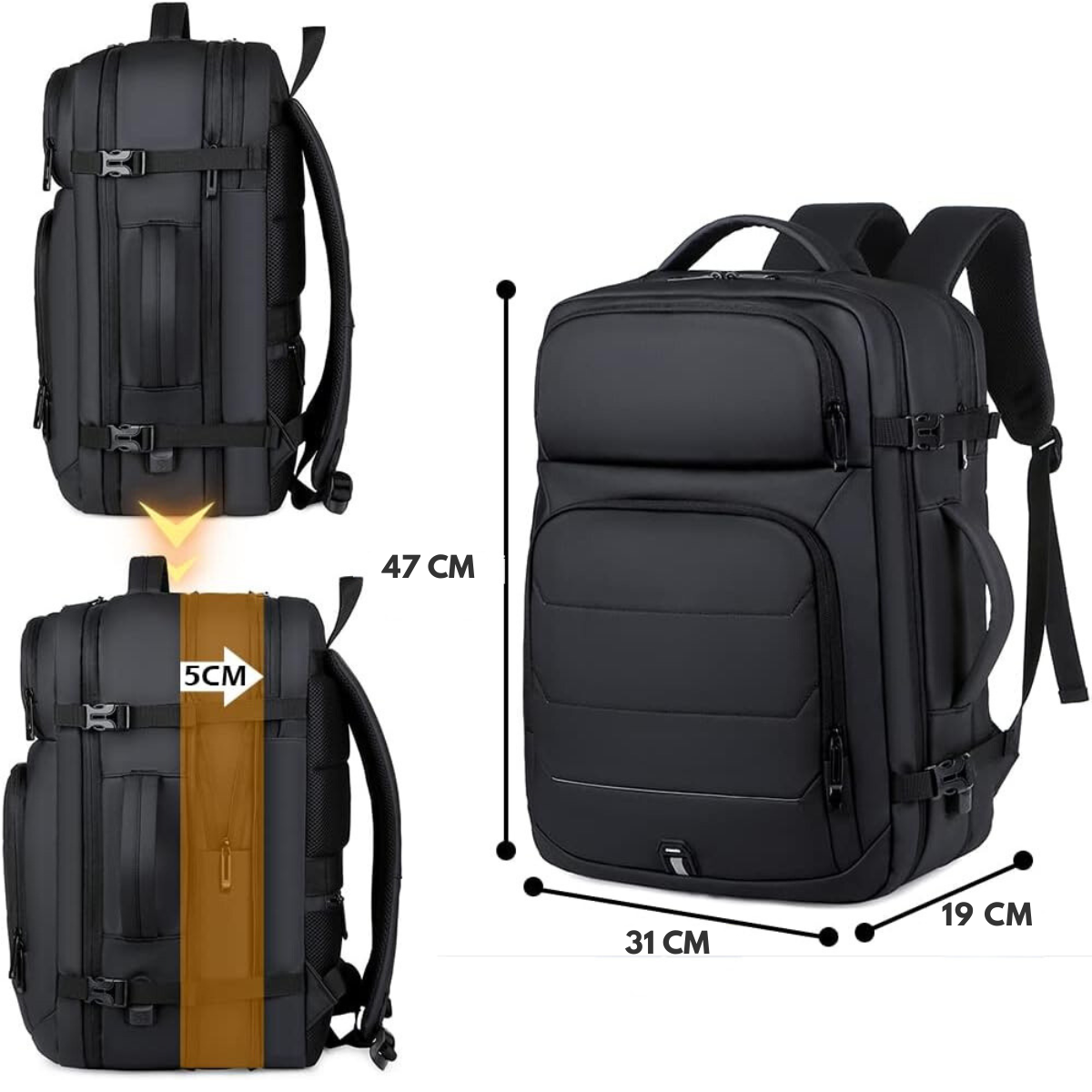Rucsac pentru Calatorie cu spatiu Laptop 17 inch, Expandabil, Impermeabil, Ideal pentru Zboruri - Compatibil Cabina Avion, Ghiozdan Multifunctional VisionHub®, cu port de incarcare USB, Buzunare multiple, Capacitate mare, 47x19x31 CM