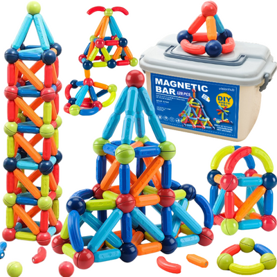Set de Constructie Magnetic pentru Copii, 128 Piese, Educational si Distractiv, Dezvoltare STEM - Creativitate si Imaginatie, Numeroase Posibilitati de Construit, Magnetic Tiles 3D VisionHub®, Multicolor