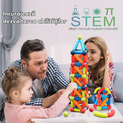 Set de Constructie Magnetic pentru Copii, 128 Piese, Educational si Distractiv, Dezvoltare STEM - Creativitate si Imaginatie, Numeroase Posibilitati de Construit, Magnetic Tiles 3D VisionHub®, Multicolor