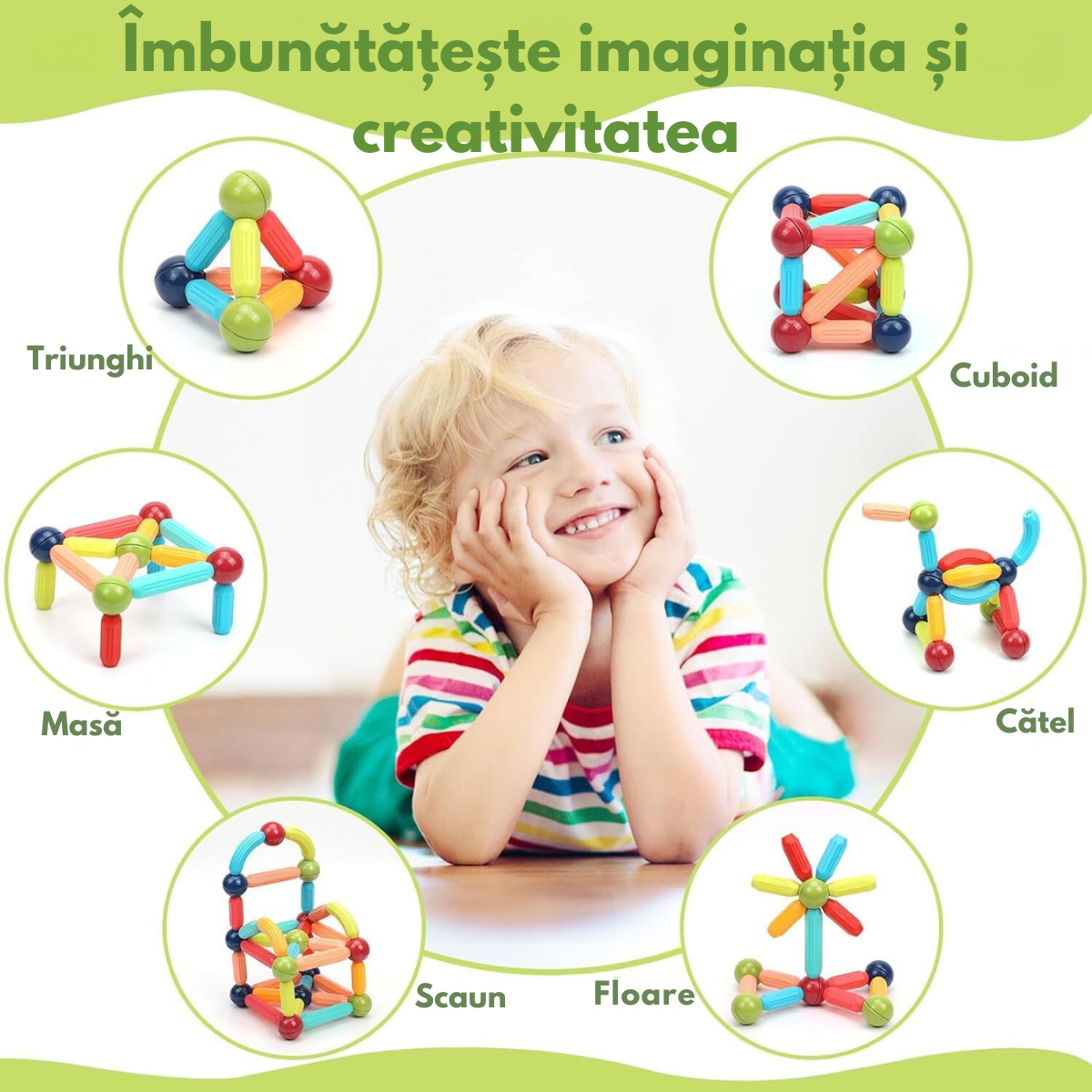 Set de Constructie Magnetic pentru Copii, 128 Piese, Educational si Distractiv, Dezvoltare STEM - Creativitate si Imaginatie, Numeroase Posibilitati de Construit, Magnetic Tiles 3D VisionHub®, Multicolor