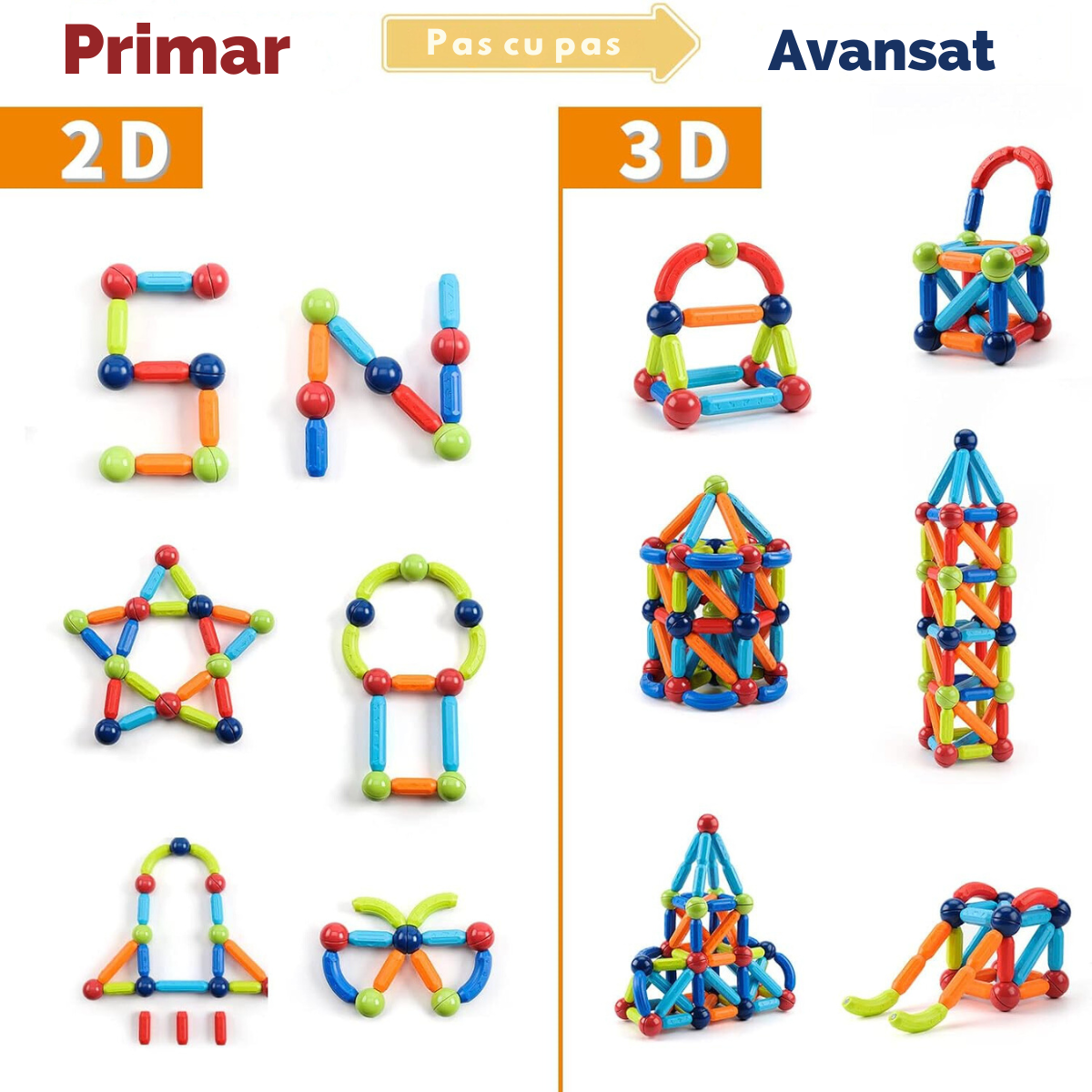 Set de Constructie Magnetic pentru Copii, 128 Piese, Educational si Distractiv, Dezvoltare STEM - Creativitate si Imaginatie, Numeroase Posibilitati de Construit, Magnetic Tiles 3D VisionHub®, Multicolor