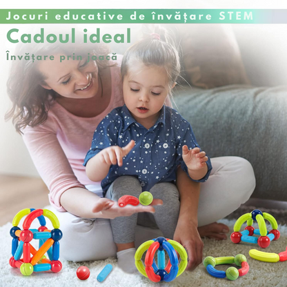 Set de Constructie Magnetic pentru Copii, 128 Piese, Educational si Distractiv, Dezvoltare STEM - Creativitate si Imaginatie, Numeroase Posibilitati de Construit, Magnetic Tiles 3D VisionHub®, Multicolor