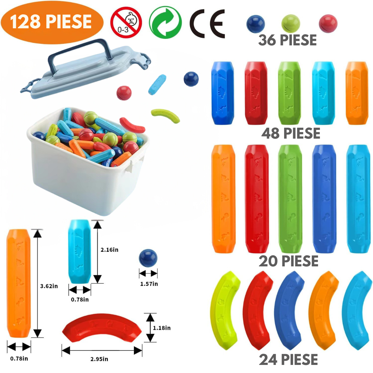 Set de Constructie Magnetic pentru Copii, 128 Piese, Educational si Distractiv, Dezvoltare STEM - Creativitate si Imaginatie, Numeroase Posibilitati de Construit, Magnetic Tiles 3D VisionHub®, Multicolor