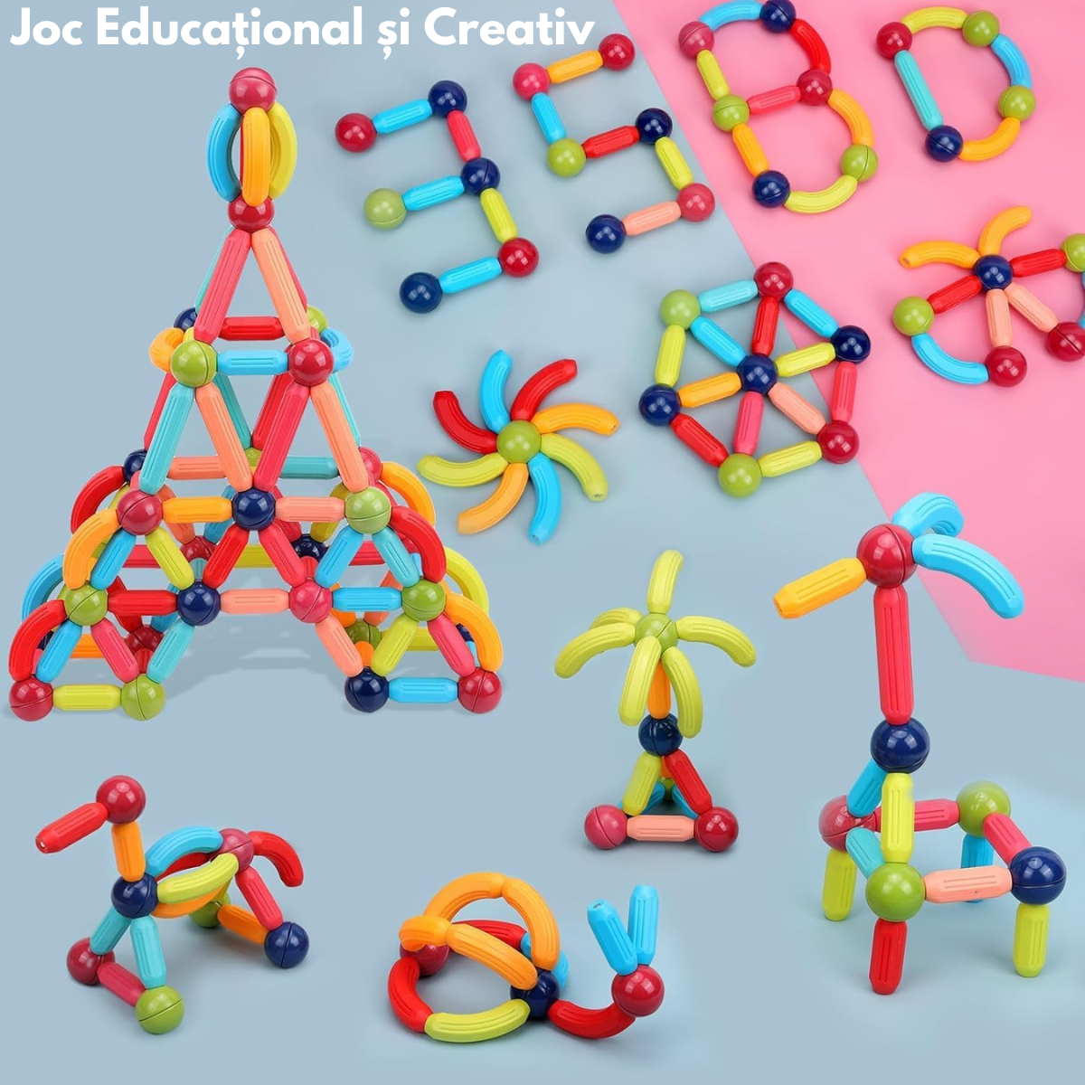 Set de Constructie Magnetic pentru Copii, 128 Piese, Educational si Distractiv, Dezvoltare STEM - Creativitate si Imaginatie, Numeroase Posibilitati de Construit, Magnetic Tiles 3D VisionHub®, Multicolor
