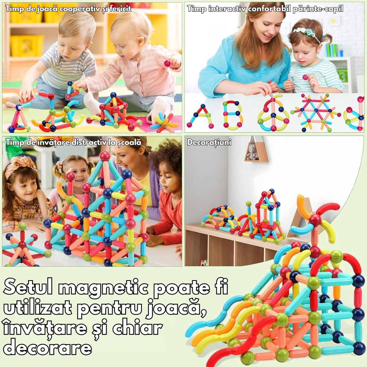 Set de Constructie Magnetic pentru Copii, 128 Piese, Educational si Distractiv, Dezvoltare STEM - Creativitate si Imaginatie, Numeroase Posibilitati de Construit, Magnetic Tiles 3D VisionHub®, Multicolor