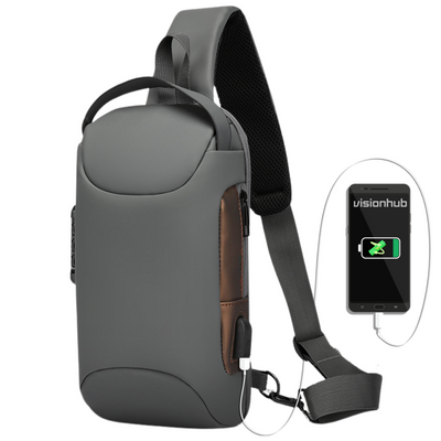 Geanta de Umar sau de Mana pentru Barbati, Borseta Crossbody – Multifunctionala, Sistem Anti-Furt, Compartimente Multiple, Impermeabila, Design Ergonomic cu Port USB Extern, Ideala pentru Calatorii si Utilizare Zilnica, 33x17x9 cm, Gri