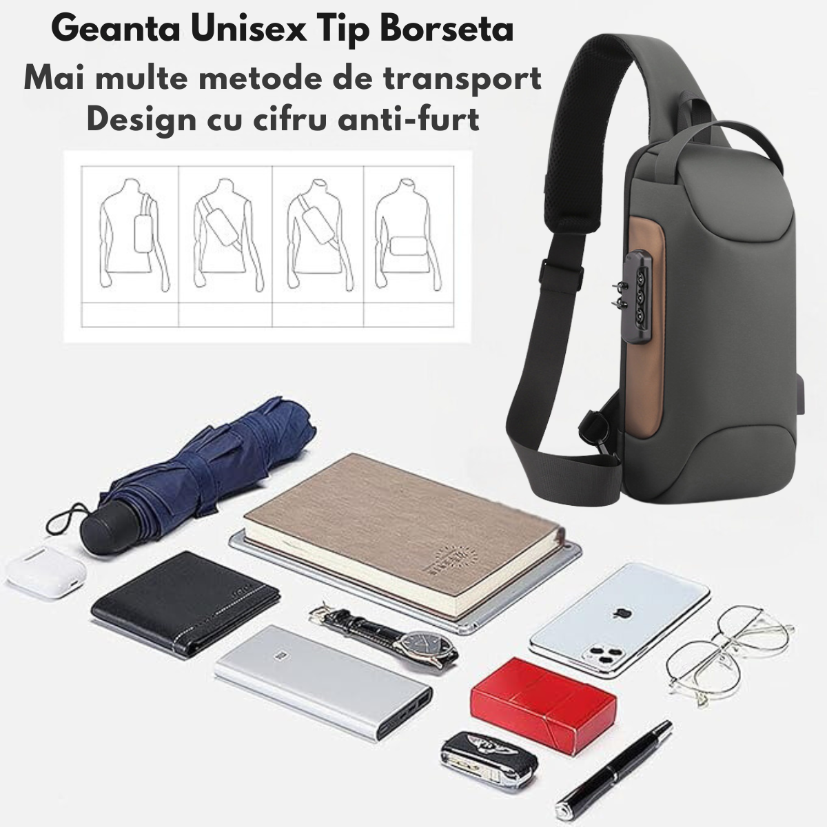 Geanta de Umar sau de Mana pentru Barbati, Borseta Crossbody – Multifunctionala, Sistem Anti-Furt, Compartimente Multiple, Impermeabila, Design Ergonomic cu Port USB Extern, Ideala pentru Calatorii si Utilizare Zilnica, 33x17x9 cm, Gri