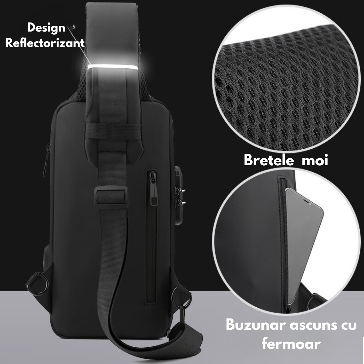 Geanta de Umar sau de Mana pentru Barbati, Borseta Crossbody – Multifunctionala, Sistem Anti-Furt, Compartimente Multiple, Impermeabila, Design Ergonomic cu Port USB Extern, Ideala pentru Calatorii si Utilizare Zilnica, 33x17x9 cm, Gri