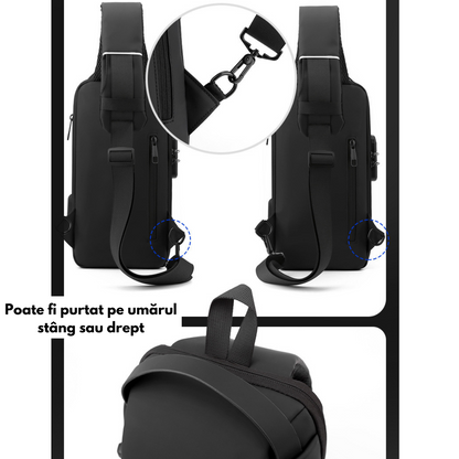 Geanta de Umar sau de Mana pentru Barbati, Borseta Crossbody – Multifunctionala, Sistem Anti-Furt, Compartimente Multiple, Impermeabila, Design Ergonomic cu Port USB Extern, Ideala pentru Calatorii si Utilizare Zilnica, 33x17x9 cm, Gri