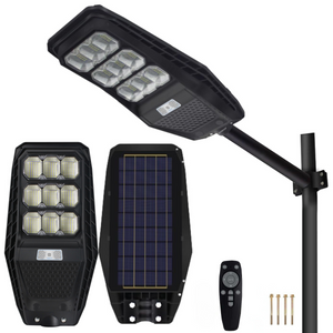 Lampa Solara Stradala 100W, VisionHub®, Proiector cu 360 LED-uri in 9 Casete, Incarcare cu Panou Solar incorporat, Telecomanda, cu Senzor de Miscare, Rezistenta IP67 la Apa, Suport metalic inclus, Negru