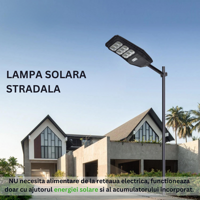 Lampa Solara Stradala 100W, VisionHub®, Proiector cu 360 LED-uri in 9 Casete, Incarcare cu Panou Solar incorporat, Telecomanda, cu Senzor de Miscare, Rezistenta IP67 la Apa, Suport metalic inclus, Negru
