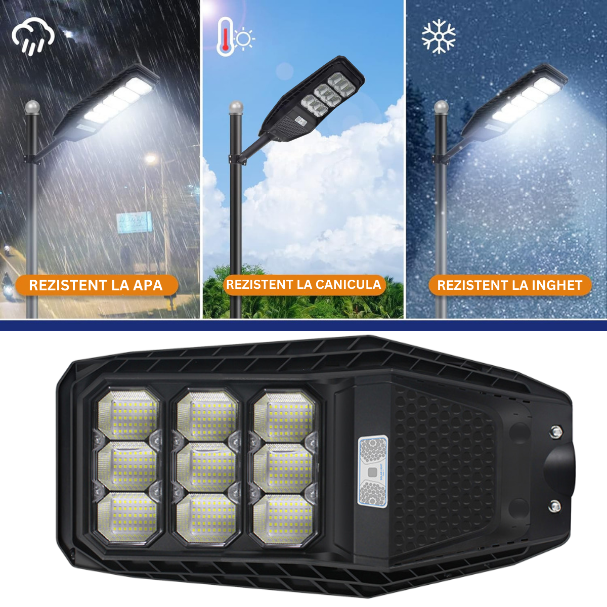Lampa Solara Stradala 100W, VisionHub®, Proiector cu 360 LED-uri in 9 Casete, Incarcare cu Panou Solar incorporat, Telecomanda, cu Senzor de Miscare, Rezistenta IP67 la Apa, Suport metalic inclus, Negru