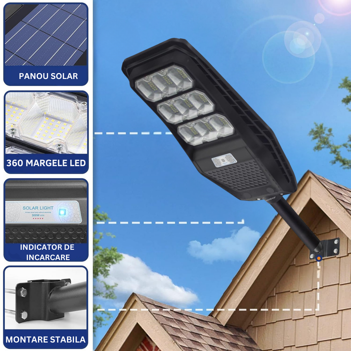 Lampa Solara Stradala 100W, VisionHub®, Proiector cu 360 LED-uri in 9 Casete, Incarcare cu Panou Solar incorporat, Telecomanda, cu Senzor de Miscare, Rezistenta IP67 la Apa, Suport metalic inclus, Negru