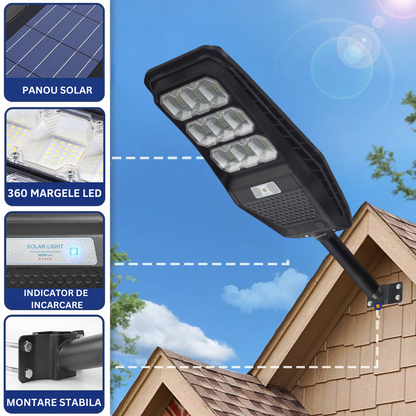 Lampa Solara Stradala 100W, VisionHub®, Proiector cu 360 LED-uri in 9 Casete, Incarcare cu Panou Solar incorporat, Telecomanda, cu Senzor de Miscare, Rezistenta IP67 la Apa, Suport metalic inclus, Negru
