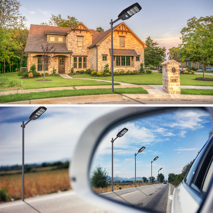 Lampa Solara Stradala 100W, VisionHub®, Proiector cu 360 LED-uri in 9 Casete, Incarcare cu Panou Solar incorporat, Telecomanda, cu Senzor de Miscare, Rezistenta IP67 la Apa, Suport metalic inclus, Negru