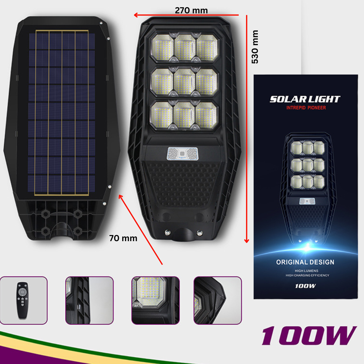 Lampa Solara Stradala 100W, VisionHub®, Proiector cu 360 LED-uri in 9 Casete, Incarcare cu Panou Solar incorporat, Telecomanda, cu Senzor de Miscare, Rezistenta IP67 la Apa, Suport metalic inclus, Negru