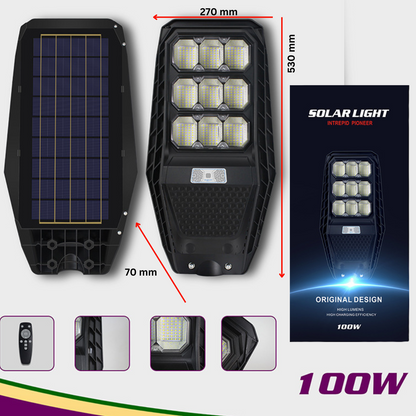 Lampa Solara Stradala 100W, VisionHub®, Proiector cu 360 LED-uri in 9 Casete, Incarcare cu Panou Solar incorporat, Telecomanda, cu Senzor de Miscare, Rezistenta IP67 la Apa, Suport metalic inclus, Negru
