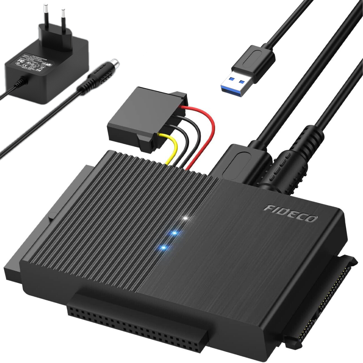 Adaptor FIDECO USB 3.0 la SATA/IDE pentru Hard Disk-uri 2.5/3.5 HDD si SSD, Compatibil cu Windows, Mac, Linux & Chrome OS, Transfer Ultra Rapid 5Gbps, Suport pana la 16TB, Plug & Play, Cu sursa de alimentare, Ideal pentru Backup, Gaming si Transfer Date