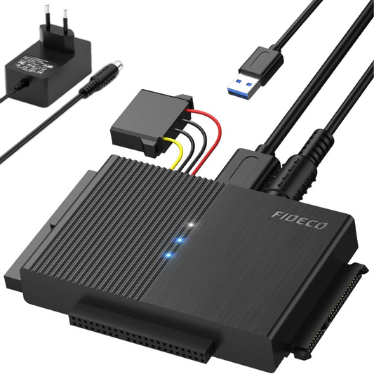 Adaptor FIDECO USB 3.0 la SATA/IDE pentru Hard Disk-uri 2.5/3.5 HDD si SSD, Compatibil cu Windows, Mac, Linux & Chrome OS, Transfer Ultra Rapid 5Gbps, Suport pana la 16TB, Plug & Play, Cu sursa de alimentare, Ideal pentru Backup, Gaming si Transfer Date
