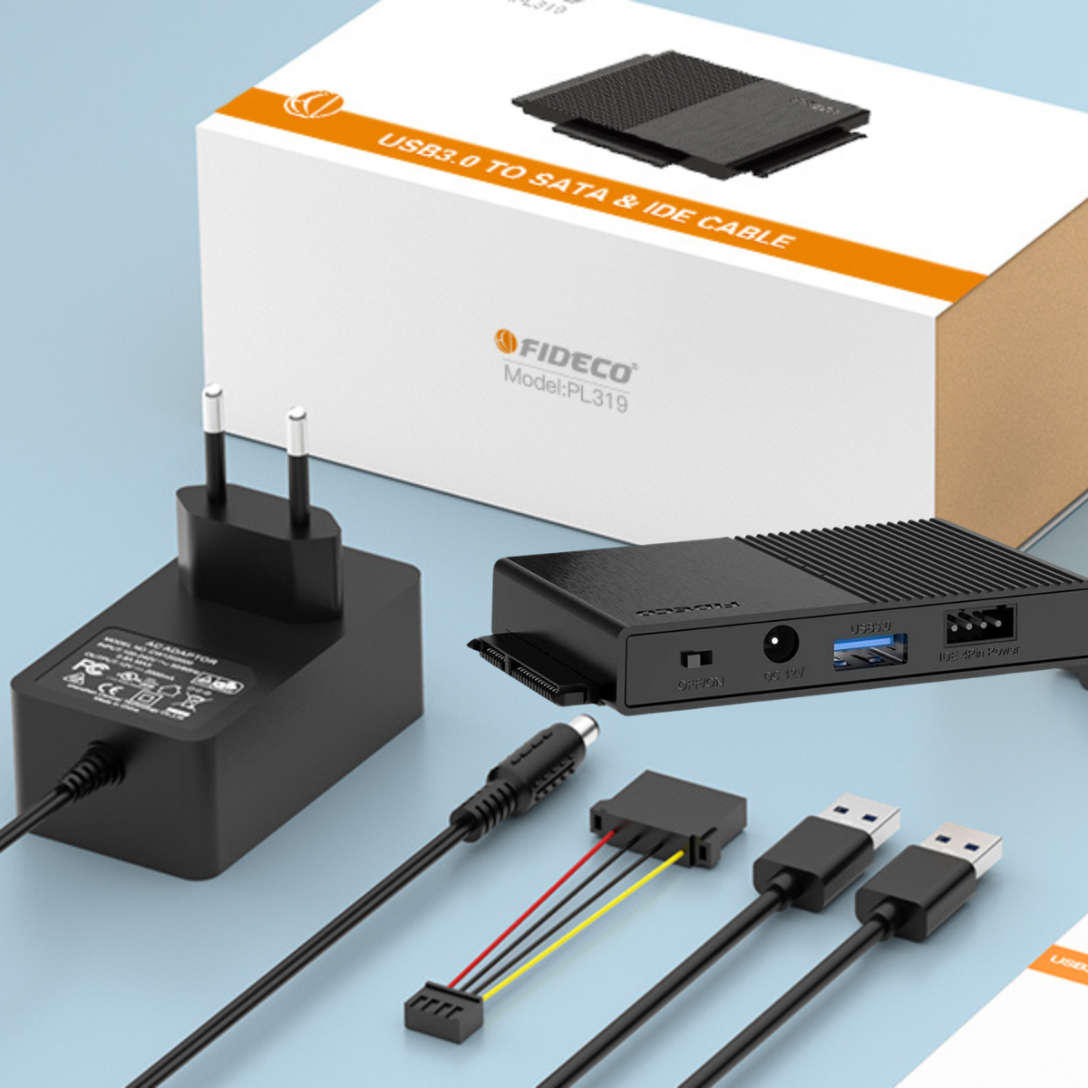 Adaptor FIDECO USB 3.0 la SATA/IDE pentru Hard Disk-uri 2.5/3.5 HDD si SSD, Compatibil cu Windows, Mac, Linux & Chrome OS, Transfer Ultra Rapid 5Gbps, Suport pana la 16TB, Plug & Play, Cu sursa de alimentare, Ideal pentru Backup, Gaming si Transfer Date