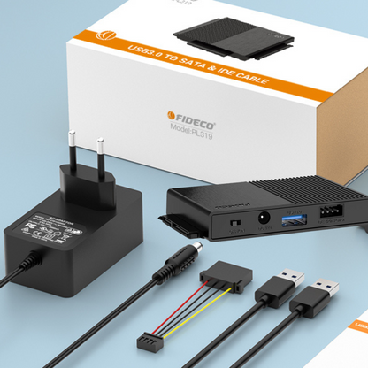 Adaptor FIDECO USB 3.0 la SATA/IDE pentru Hard Disk-uri 2.5/3.5 HDD si SSD, Compatibil cu Windows, Mac, Linux & Chrome OS, Transfer Ultra Rapid 5Gbps, Suport pana la 16TB, Plug & Play, Cu sursa de alimentare, Ideal pentru Backup, Gaming si Transfer Date