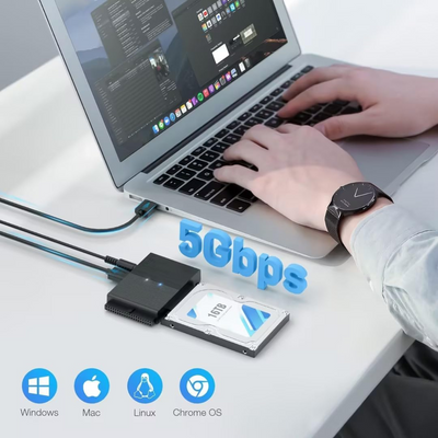 Adaptor FIDECO USB 3.0 la SATA/IDE pentru Hard Disk-uri 2.5/3.5 HDD si SSD, Compatibil cu Windows, Mac, Linux & Chrome OS, Transfer Ultra Rapid 5Gbps, Suport pana la 16TB, Plug & Play, Cu sursa de alimentare, Ideal pentru Backup, Gaming si Transfer Date