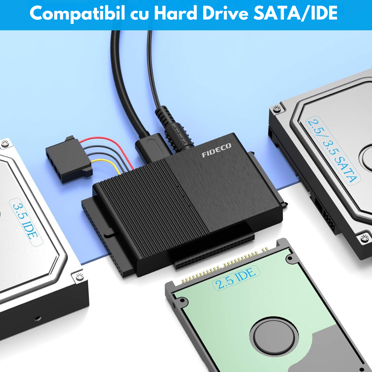 Adaptor FIDECO USB 3.0 la SATA/IDE pentru Hard Disk-uri 2.5/3.5 HDD si SSD, Compatibil cu Windows, Mac, Linux & Chrome OS, Transfer Ultra Rapid 5Gbps, Suport pana la 16TB, Plug & Play, Cu sursa de alimentare, Ideal pentru Backup, Gaming si Transfer Date