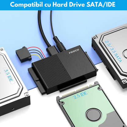 Adaptor FIDECO USB 3.0 la SATA/IDE pentru Hard Disk-uri 2.5/3.5 HDD si SSD, Compatibil cu Windows, Mac, Linux & Chrome OS, Transfer Ultra Rapid 5Gbps, Suport pana la 16TB, Plug & Play, Cu sursa de alimentare, Ideal pentru Backup, Gaming si Transfer Date