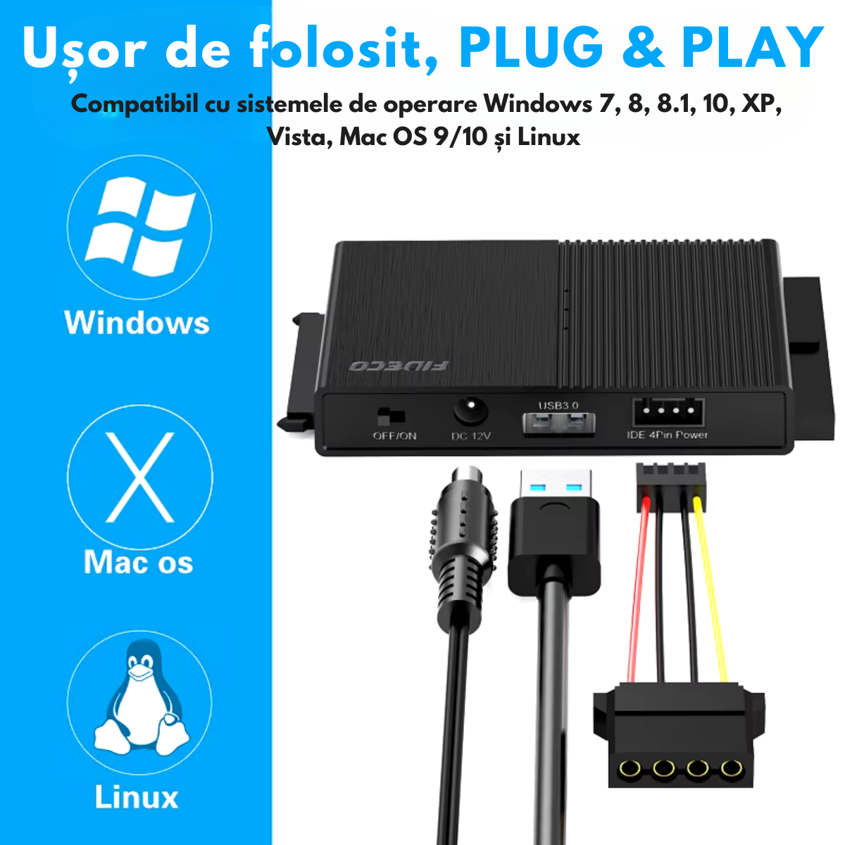 Adaptor FIDECO USB 3.0 la SATA/IDE pentru Hard Disk-uri 2.5/3.5 HDD si SSD, Compatibil cu Windows, Mac, Linux & Chrome OS, Transfer Ultra Rapid 5Gbps, Suport pana la 16TB, Plug & Play, Cu sursa de alimentare, Ideal pentru Backup, Gaming si Transfer Date