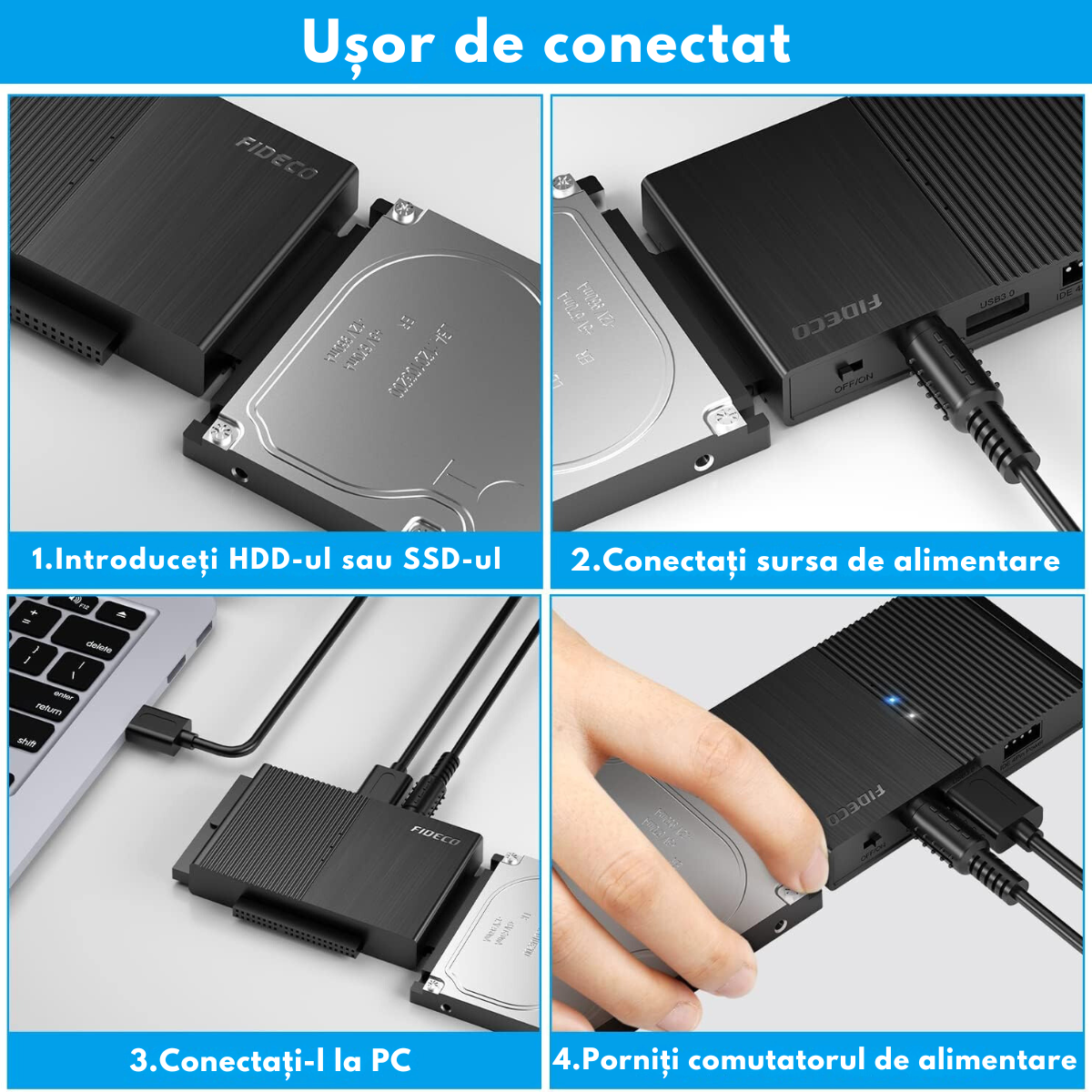 Adaptor FIDECO USB 3.0 la SATA/IDE pentru Hard Disk-uri 2.5/3.5 HDD si SSD, Compatibil cu Windows, Mac, Linux & Chrome OS, Transfer Ultra Rapid 5Gbps, Suport pana la 16TB, Plug & Play, Cu sursa de alimentare, Ideal pentru Backup, Gaming si Transfer Date