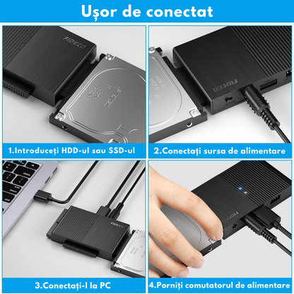Adaptor FIDECO USB 3.0 la SATA/IDE pentru Hard Disk-uri 2.5/3.5 HDD si SSD, Compatibil cu Windows, Mac, Linux & Chrome OS, Transfer Ultra Rapid 5Gbps, Suport pana la 16TB, Plug & Play, Cu sursa de alimentare, Ideal pentru Backup, Gaming si Transfer Date