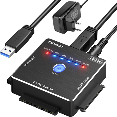 Adaptor FIDECO SATA/IDE la USB 3.0 pentru HDD/SSD Extern Universal, pentru Hard Disk-uri de 2.5/3.5 inch si Unitate Optica 5.25 inch DVD/CD, Clonare Offline, Cablu alimentare, Transfer Date 5Gbps, Suporta Capacitate 16TB, Compatibil Windows/Mac OS/Linux