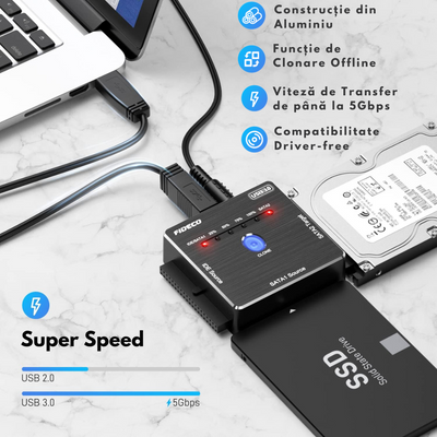 Adaptor FIDECO SATA/IDE la USB 3.0 pentru HDD/SSD Extern Universal, pentru Hard Disk-uri de 2.5/3.5 inch si Unitate Optica 5.25 inch DVD/CD, Clonare Offline, Cablu alimentare, Transfer Date 5Gbps, Suporta Capacitate 16TB, Compatibil Windows/Mac OS/Linux
