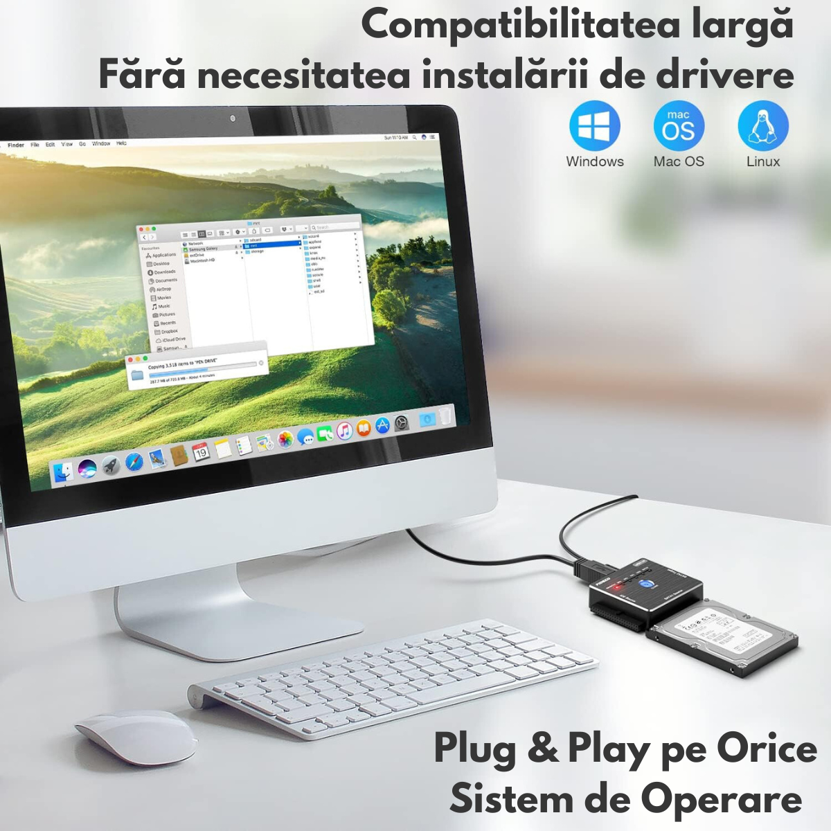 Adaptor FIDECO SATA/IDE la USB 3.0 pentru HDD/SSD Extern Universal, pentru Hard Disk-uri de 2.5/3.5 inch si Unitate Optica 5.25 inch DVD/CD, Clonare Offline, Cablu alimentare, Transfer Date 5Gbps, Suporta Capacitate 16TB, Compatibil Windows/Mac OS/Linux