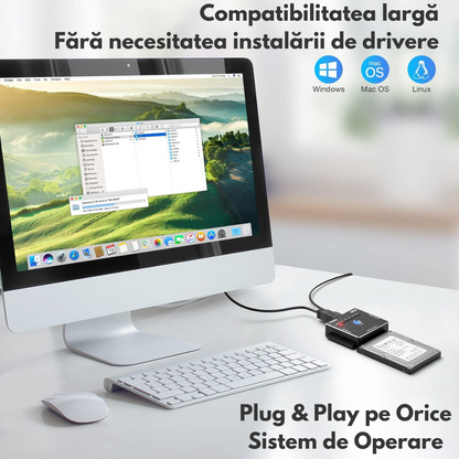 Adaptor FIDECO SATA/IDE la USB 3.0 pentru HDD/SSD Extern Universal, pentru Hard Disk-uri de 2.5/3.5 inch si Unitate Optica 5.25 inch DVD/CD, Clonare Offline, Cablu alimentare, Transfer Date 5Gbps, Suporta Capacitate 16TB, Compatibil Windows/Mac OS/Linux