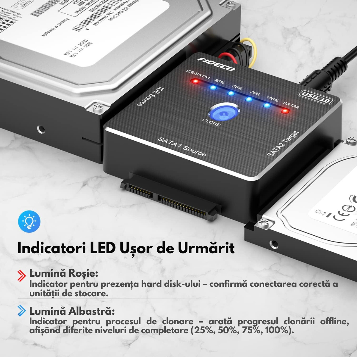 Adaptor FIDECO SATA/IDE la USB 3.0 pentru HDD/SSD Extern Universal, pentru Hard Disk-uri de 2.5/3.5 inch si Unitate Optica 5.25 inch DVD/CD, Clonare Offline, Cablu alimentare, Transfer Date 5Gbps, Suporta Capacitate 16TB, Compatibil Windows/Mac OS/Linux