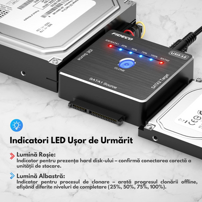 Adaptor FIDECO SATA/IDE la USB 3.0 pentru HDD/SSD Extern Universal, pentru Hard Disk-uri de 2.5/3.5 inch si Unitate Optica 5.25 inch DVD/CD, Clonare Offline, Cablu alimentare, Transfer Date 5Gbps, Suporta Capacitate 16TB, Compatibil Windows/Mac OS/Linux
